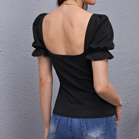 Boho Black  Sweetheart Puff Sleeve Ruffle Top - Picture 10 of 11